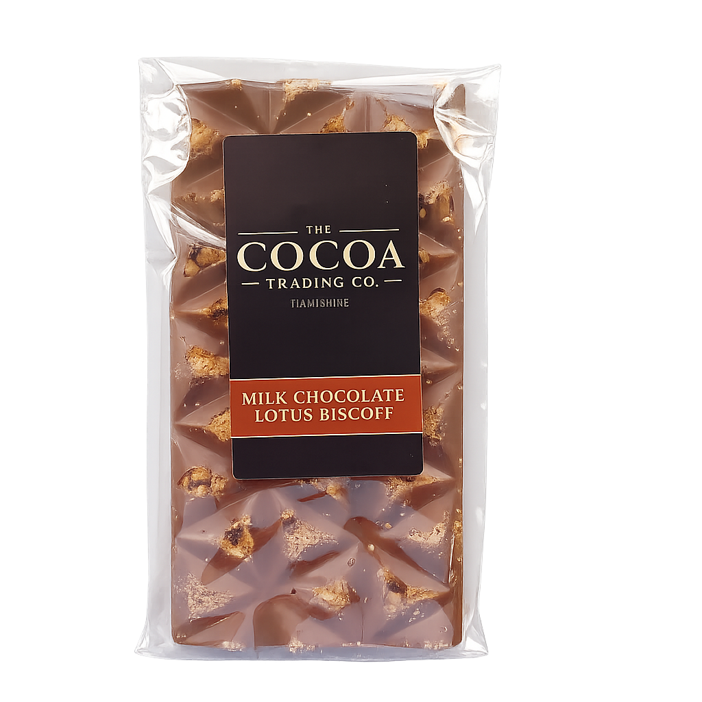 33% Belgian milk chocolate bar with Lotus Biscoff caramelised biscuit crumb