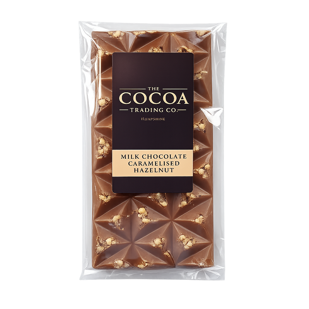 33% Belgian milk chocolate bar with caramelised hazelnuts