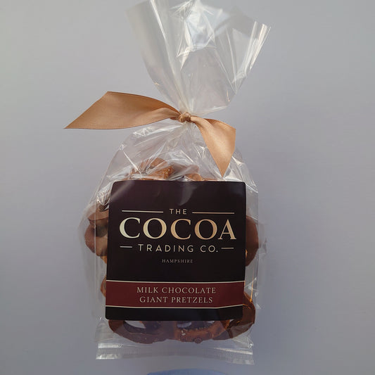 Giant pretzels half dipped in Belgian milk chocolate